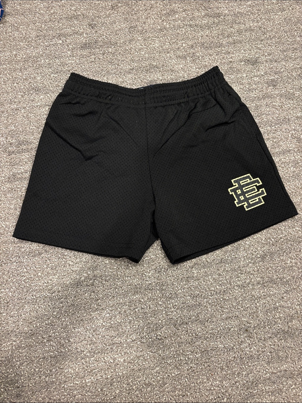 Eric Emanuel Black Mesh Shorts with Yellow Logo Patch youth size large like new